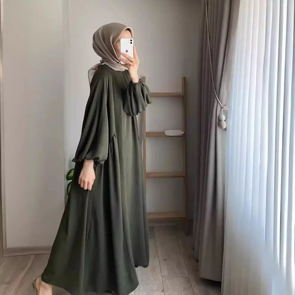 2024 Spring and Autumn New Muslim Women's Clothing Solid Color Elegant Fashion Loose Pullover Dress Lantern Sleeve Long Dress