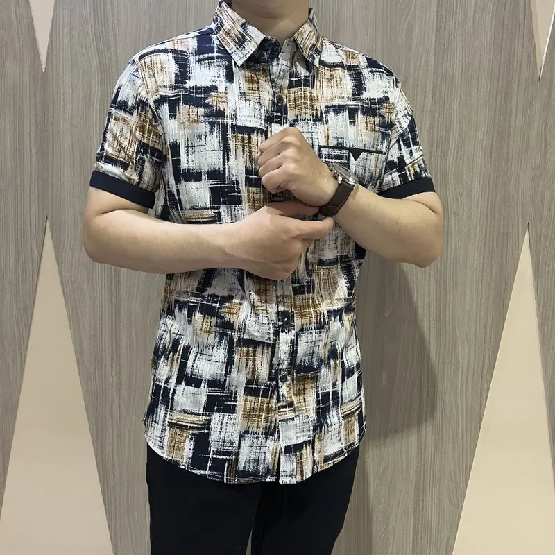 [GRIDLINE - S321 Light Brown & Pigeon Blue - S271 Navy] Kemeja Pria Slimfit Katun Lengan Pendek Print Bagus Berkualitas Premium Modern 5