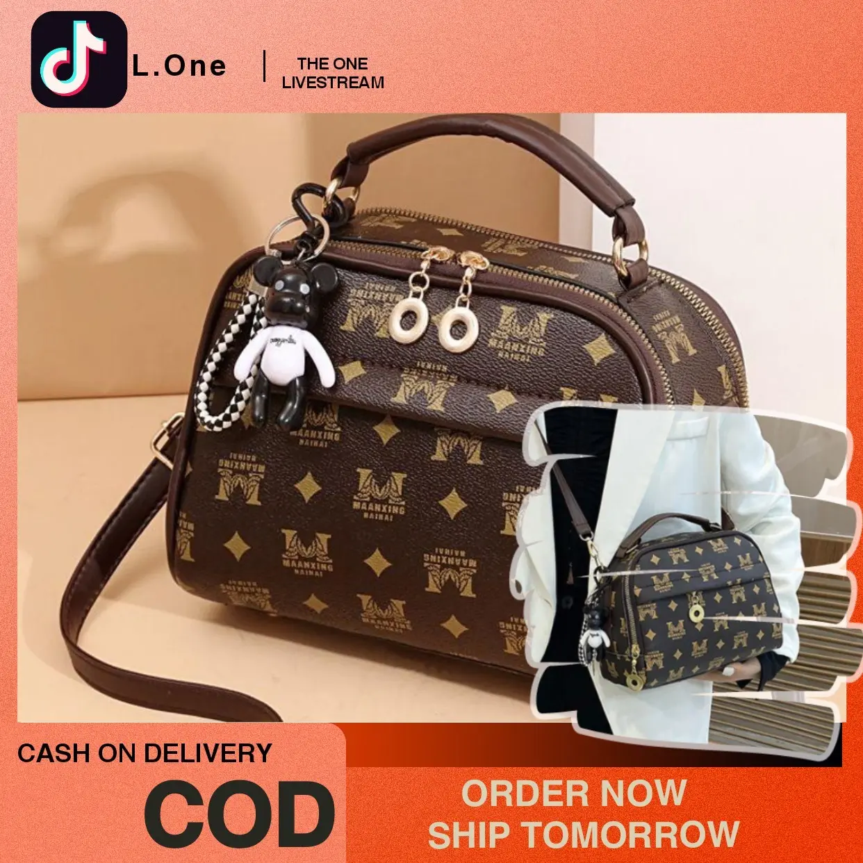 L.One | One Layer New Fashion Square Bag Sling Bag with keychain 2248#Both zippers open is the same one pocket