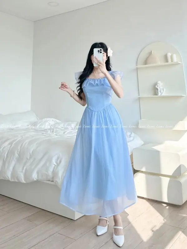 Đầm Maxi 2 Dây Dáng Dài Tay Bèo Bẹt Cổ Vuông Có Độ Co Giãn Nhẹ Thoải Mái Dạo Phố, Đi Biển Tiệc Tùng Voi Nữ 1
