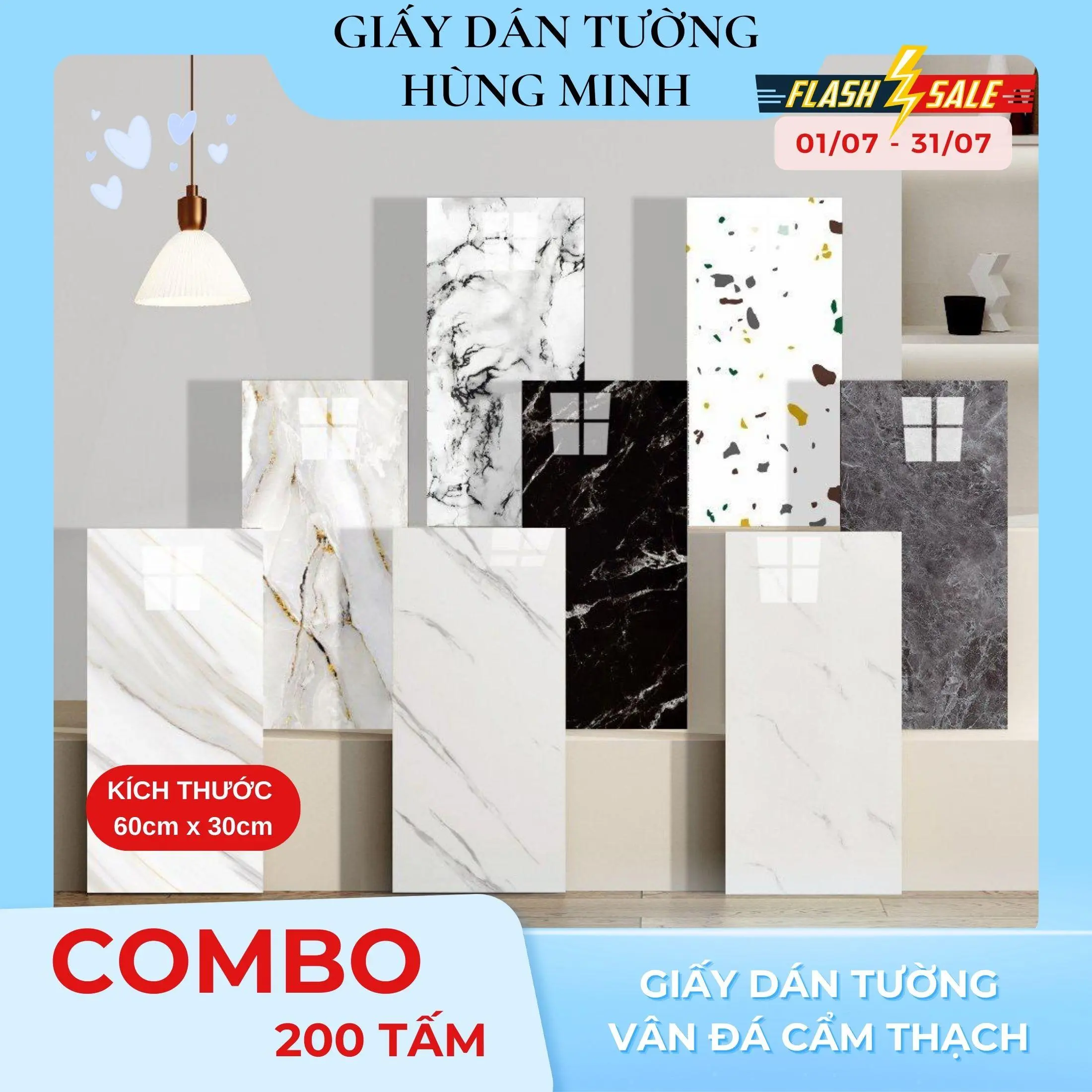 [ Combo 200 Tấm - TẶNG 1 KEO DÁN ] Giấy Dán Tường PVC Có Sẵn Keo  Kích Thước 60x30cm Ít Bóng Hơn Mỏng Hơn Loại THP Dùng Để Trang Trí Không Gian Phòng Ngủ Phòng Bếp Phòng Khách Nhà Bạn