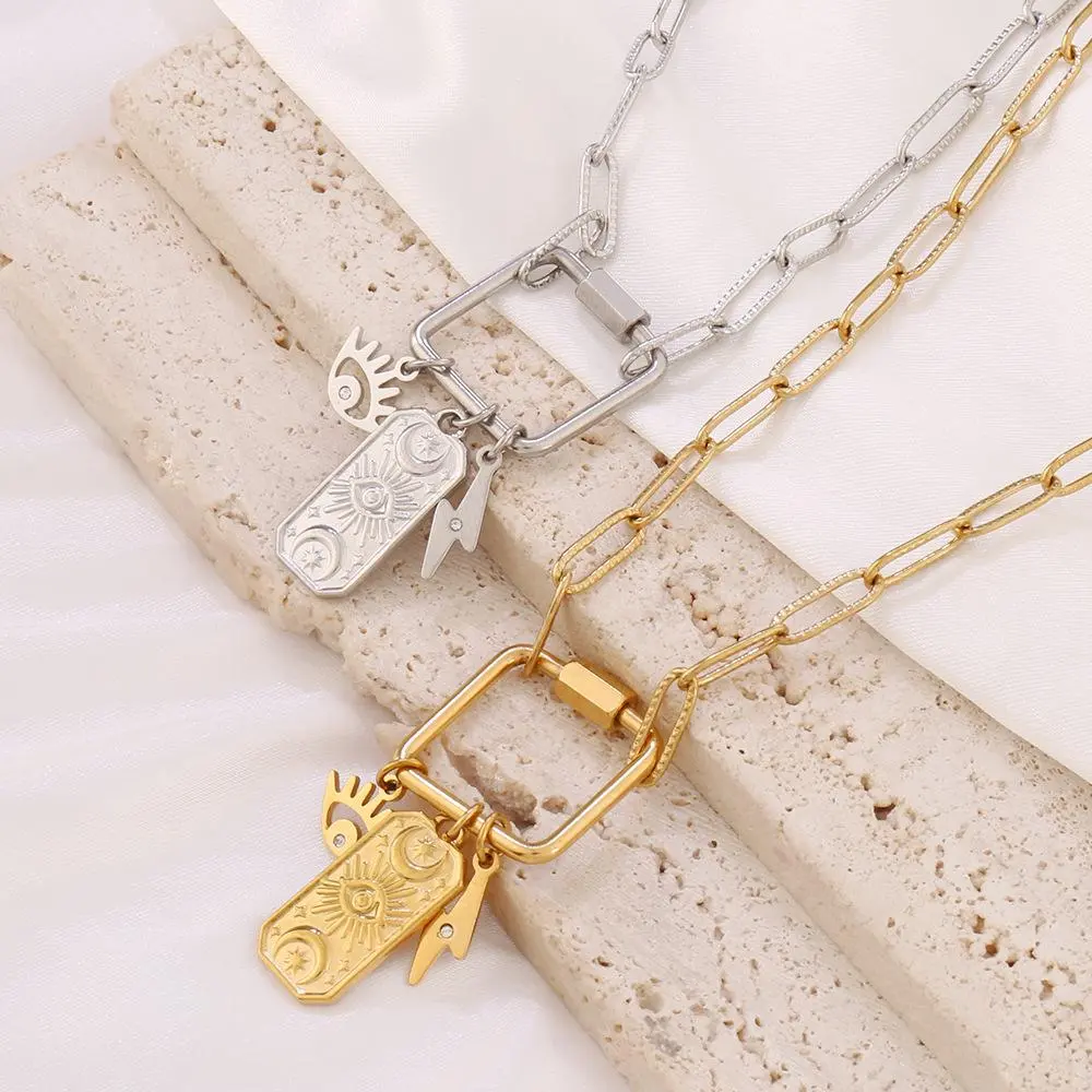 Stainless Steel Key Lock Sun Fatima Carabiner Clasp Necklace, Vintage Pendant Jewelry for Women & Girls, Trendy All-match & Exquisite Jewelry for Birthday Gift