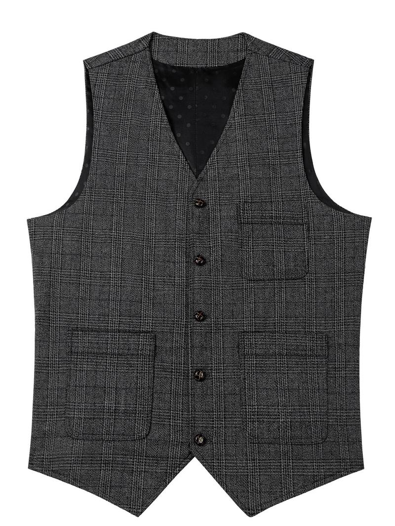 Product Introduction of Men's Regular Fit Plaid Print Vest Blazer, Casual Sleeveless Button Front Suit Vest for Spring & Fall, Fashion Men's Clothes for Daily Wear 3