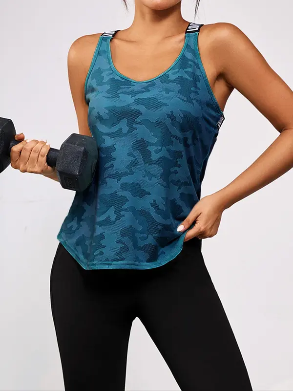 Sporty Women's Camo Print Letter Tape Sports Vest, Sport Criss Cross Cut Out Tank Top, Gym Clothes, Running Vest, Ladies Sportswear Fitness for Summer, Gymclothes, Activewear,  Gym Wear 7