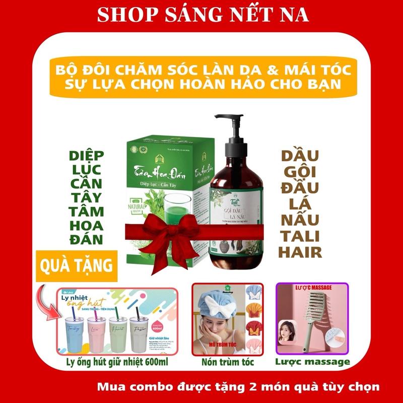 [Combo] Diệp Lục Cần Tây Tâm Hoa Đán & Dầu Gội Đầu Lá Nấu Tali Hair hỗ trợ đẹp da, cân bằng nội tiết tố, hỗ trợ giảm rụng tóc, hỗ trợ kích mọc tóc - Chăm sóc tóc
