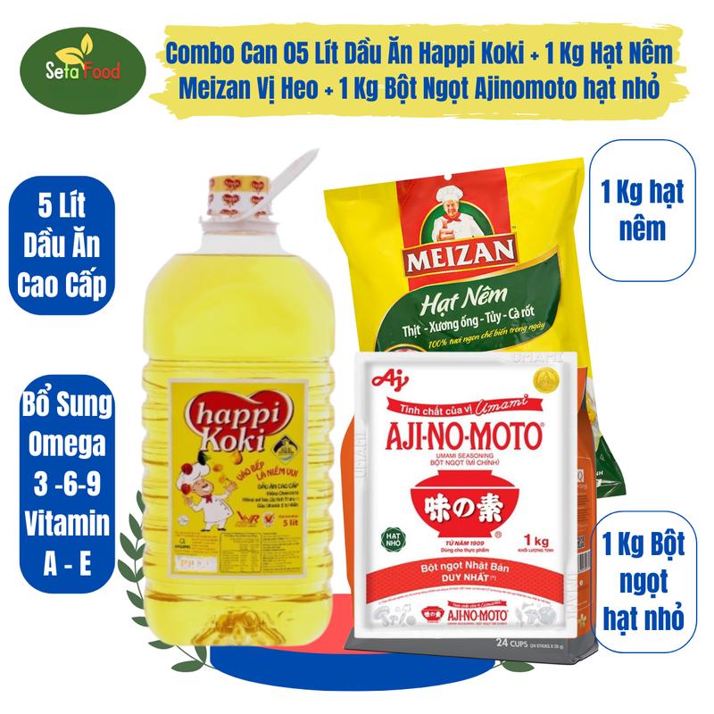 Dầu Ăn Happi Koki Can 5 Lít Kèm Hạt Nêm Meizan Vị Heo và Bột Ngọt Ajinomoto Hạt Nhỏ Mỗi Gói 1 Kg Nho
