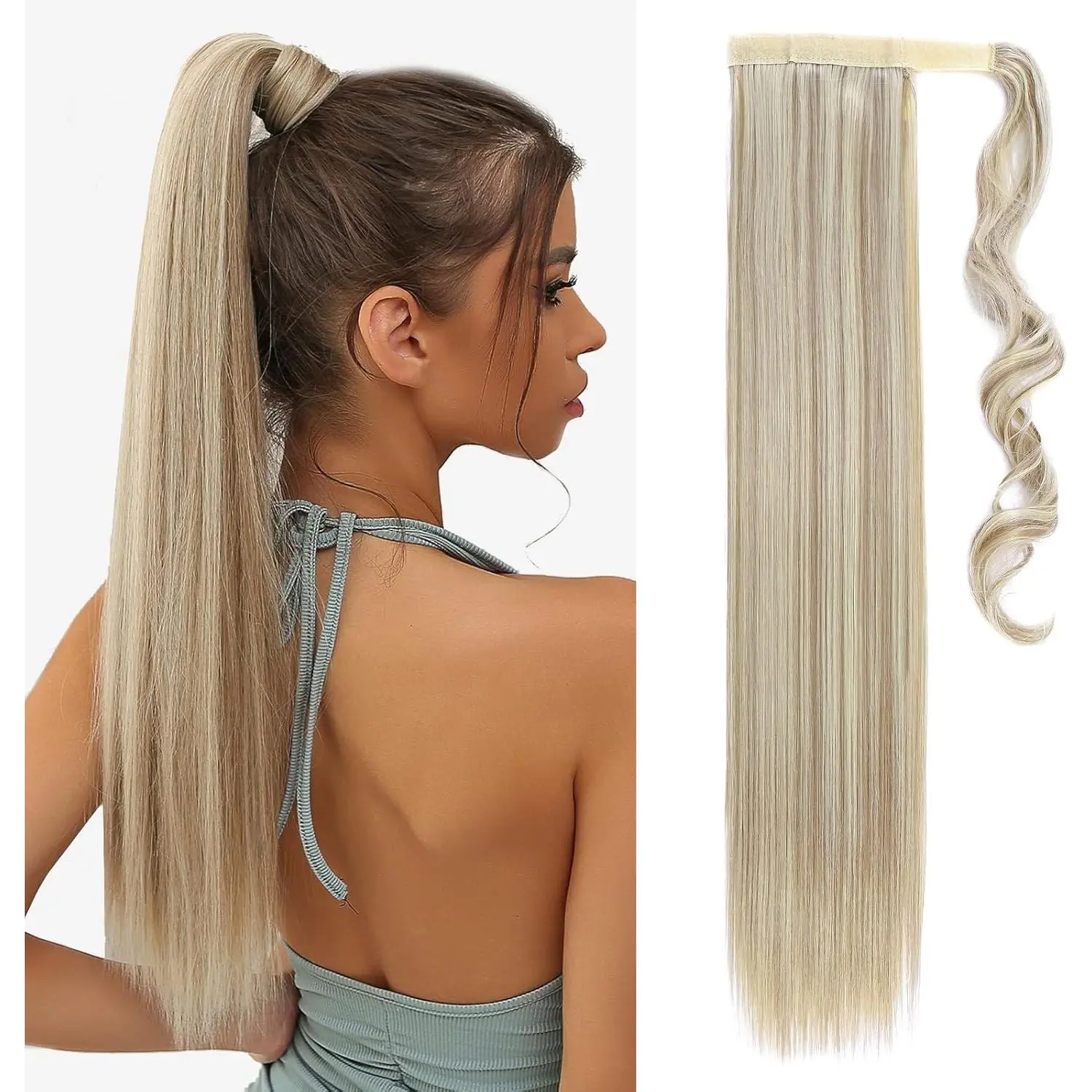 In Ponytail Hair Extensions Blond 23 Inches, Ash Blonde Balayage Straight Hair Extensions  In Ponytail 90g Fake Extension