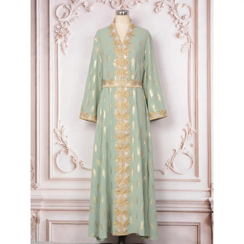 2025 Middle East New Fashion Women's Clothing Muslim Home Robe White Bronze Elegant V-neck Dress Abaya 6