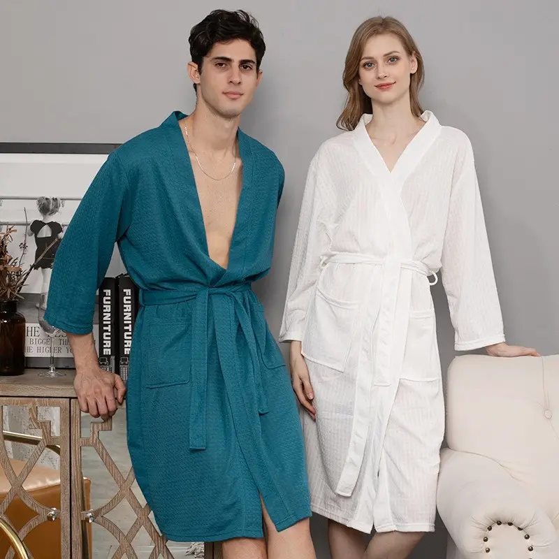 Waffle Bathrobe Sauna Clothes Women's Thin Robe Long Couple Homewear Hotel Bathrobe Men's Hair Generation