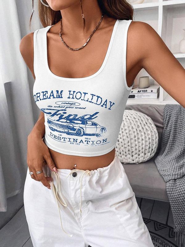 Women's Car & Letter Print Crop Tank Top, Casual Vintage Scoop Neck Sleeveless Cropped Top for Summer, Fashion Ladies' Top for Daily Wear 3