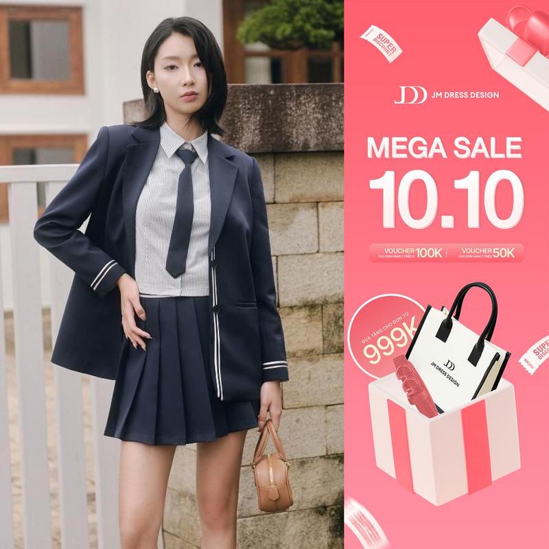 Set Áo Blazer Dáng Suông Ve K Thêu ngực 5B06.2508K + Chân Váy Xếp Ly Đè Dây Cạp 4S25.2508W – Set Đồ Preppy Học Đường JM