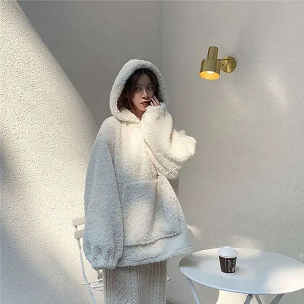 Áo Hoodie Có Mũ Cho Nữ, Áo Len Phong Cách Hàn Quốc Cho Học Sinh, Dáng Rộng, Nhung Dày, Giả Cừu, Lông Mịn, Áo Khoác Dễ Thương
