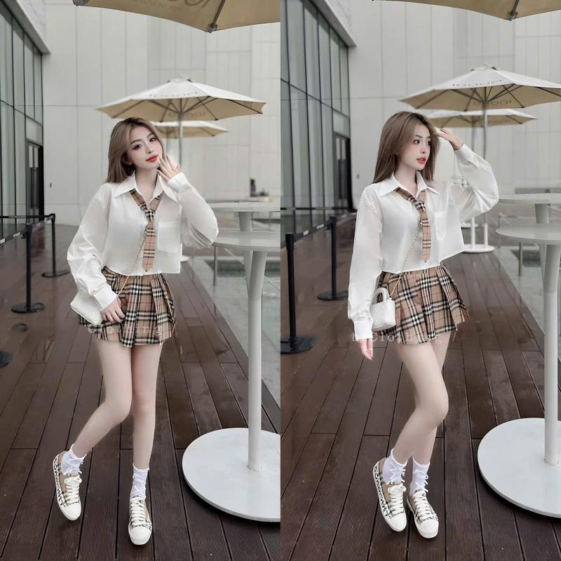 Sét Tiểu Thư Áo Cổ Sơ Mi Tay Dài Kate Kèm Cà Vạt Phối Chân Váy Caro Xếp Ly Quyến Rũ Nữ Tính Dịu Dàng Thanh Lịch Sang Trọng Dễ Thương  - Free Size - Women, Top Màu ĐEN- ĐỎ