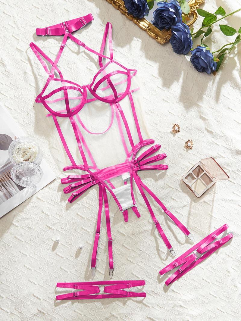 Product Introduction of Women's Contrast Binding Sheer Mesh Sexy Lingerie Set, Sexy Casual Cut Out Backless Lingerie Bodysuit & Garter Belts, Ladies Sexy Costumes, Naughty Lingerie, Sparkle Lingerie 3