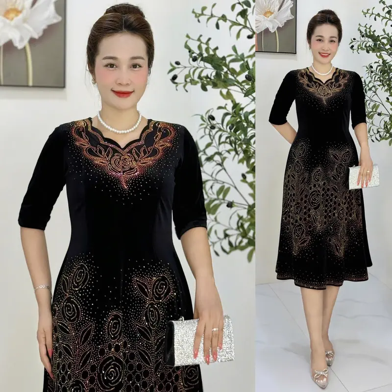 Đầm Trung Niên M678 Vải nhung tuyết co giãn size Từ 48-75kg ép đá dmc Ôm gọn Thanh lịch Dress Váy Nữ Tím Women Đỏ 5