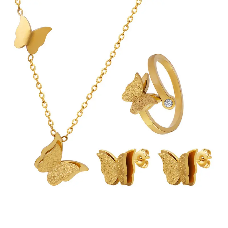Matte Butterfly Jewelry Set – Necklace+Earrings+Ring, Hypoallergenic & Dainty, Perfect for Bali Vacay