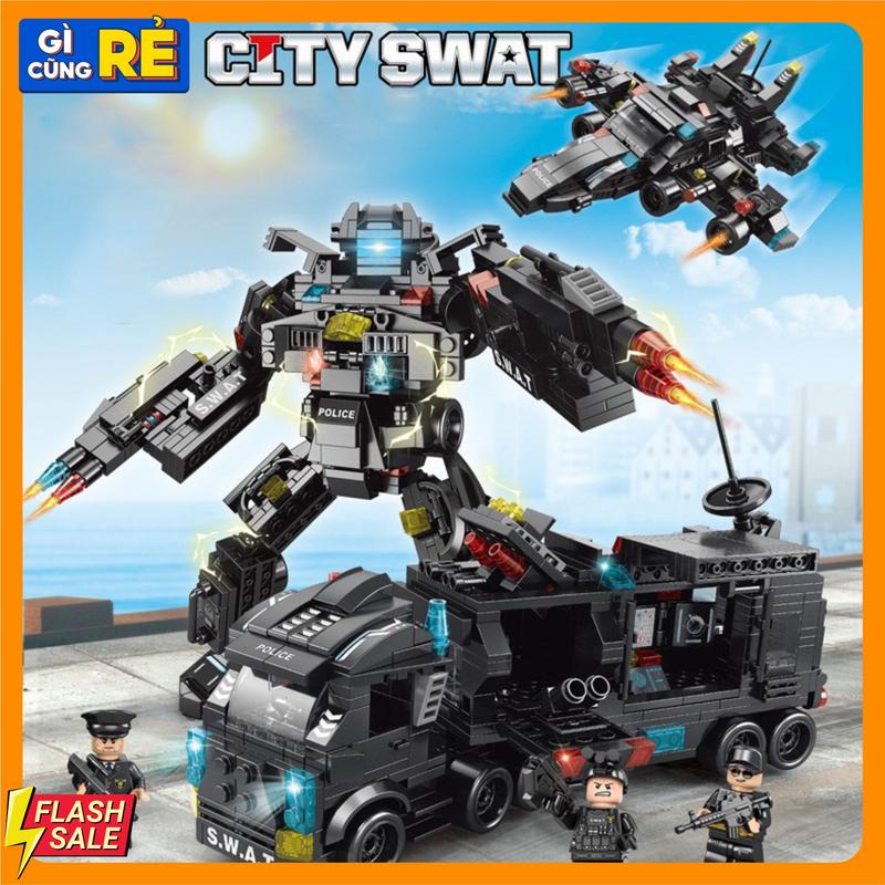 Đồ chơi lắp ghép mô hình 3D Cảnh sát đặc nhiệm chống khung bố (ghép được 3 tạo hình đơn cỡ lớn biến đổi: Xe cảnh sát, robot, trực thăng )hoặc các tạo hình nhỏ