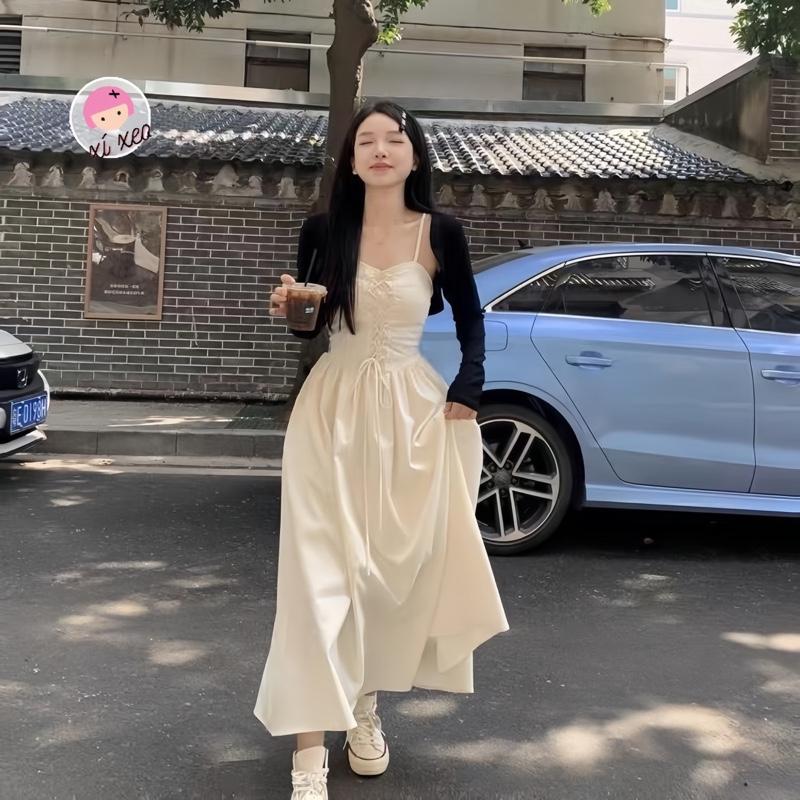 Váy 2 dây Lemon dress kèm áo đan dây dáng dài xixeoshop - V31 ( không kèm áo) Nữ Women Kem