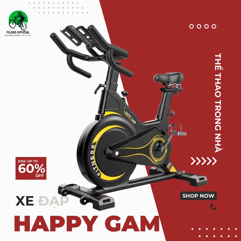Xe đạp tập thể dục FUJIKO model Happy Gam , bánh đà kháng từ, kèm đồng hồ đo nhịp tim