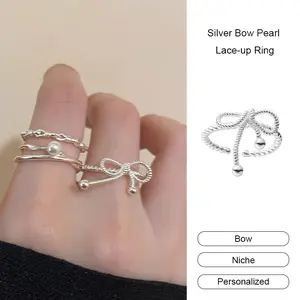 Cincin Pita Perak Mutiara Bertali Wanita Gaya Dingin Temperamen Cincin Terbuka Ceruk Cincin Pribadi