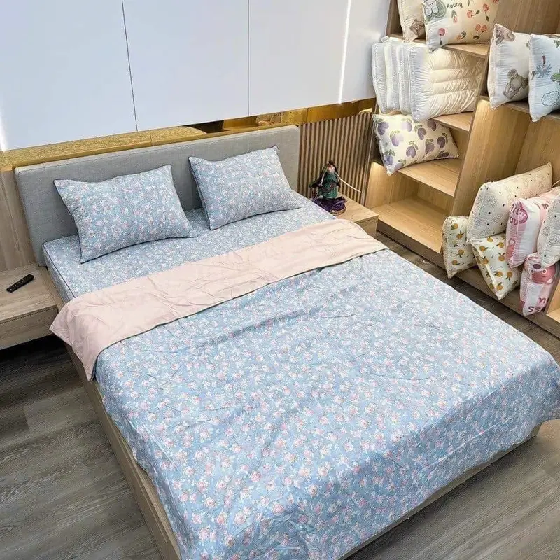 Set 4 món cotton sơ đũi đậu nành 1 ga bo chun , 2 vỏ gối đầu và 1 chăn 4