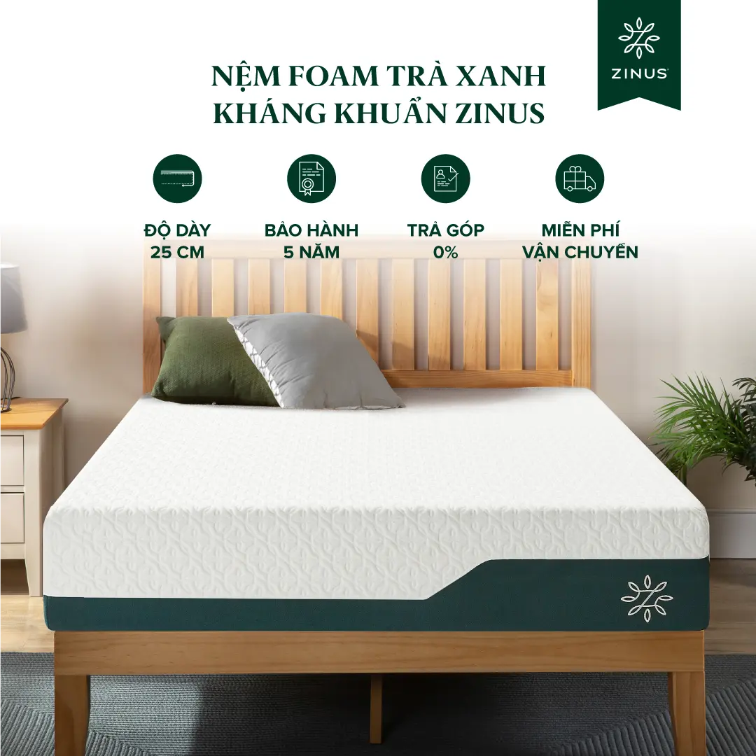 Nệm Foam Tinh Chất Trà Xanh Cao Cấp Dày 25cm Zinus - 10in Cooling Gel Memory Foam Mattress nemgiare