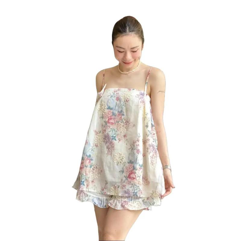 S128 SET ĐỒ NỮ GỒM ÁO 2 DÂY KÈM QUẦN VÁY CHẤT LIỆU XÔ THÊU PHỐI HỢP HOẠ TIẾT IN FREESIZE tổng hợp các set đồ nữ đẹp Women Kem Top