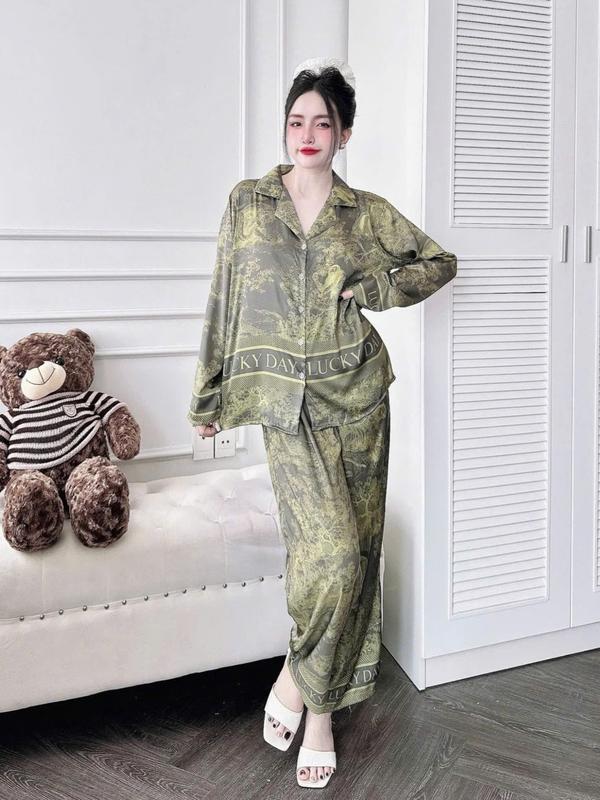 Đồ Bộ Pijama, Chất Vải Lụa Latin Tơ Tằm Dành Cho Nữ, Thoáng Mát, Tay Ngắn và Tay Dài Quần Dài, In Hoa Văn Cảnh Rừng Màu Xanh Lá, Bigsize [Size 45-60Kg và 61-75kg] Women