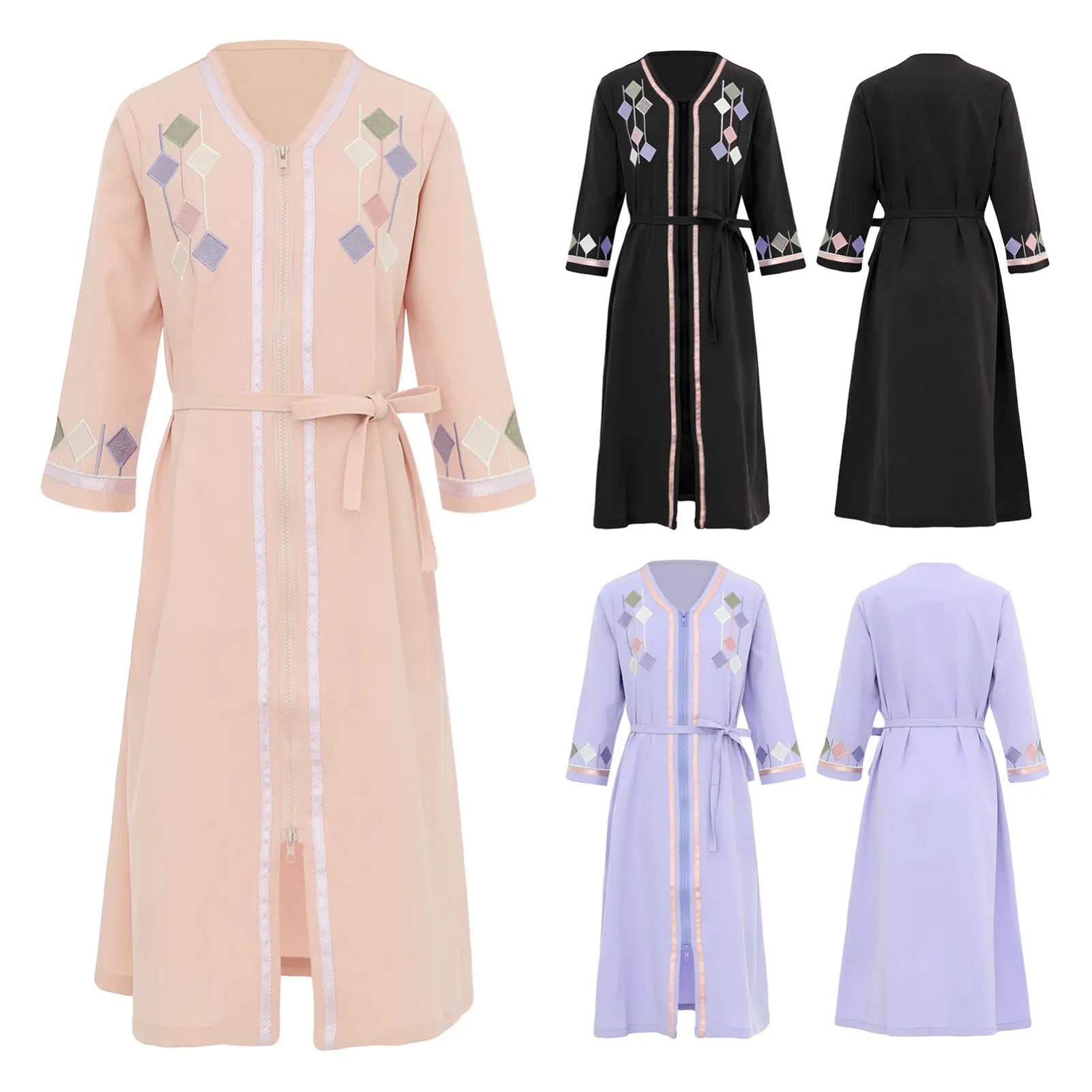 Sholeno Girls Muslim Islamic Abaya Dress Kids Long Sleeve Zipper Dress Maxi Gown Middle East Girls Dress