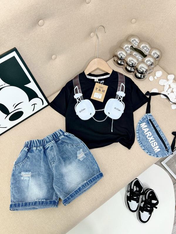 Xả 89k - Bộ quần áo bé trai 3 món Áo thun HP cotton cổ tròn hoạ tiết Headphone quần Jean ngắn lửng và túi jean đeo chéo xịn sò - SUN KID'S