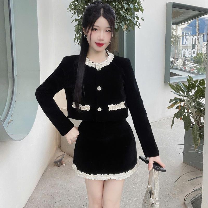 KangStudio - M080 Set váy nhung áo kèm chân váy phối bèo tiểu thư sang chảnh