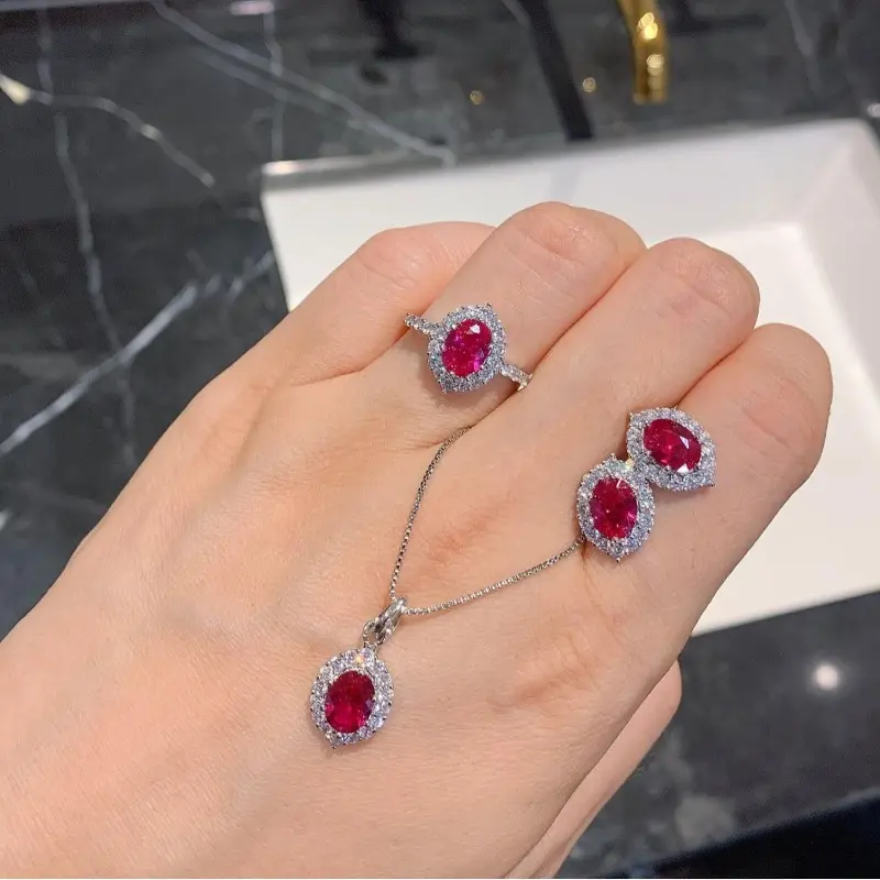 TopKiss Luxury Gemstone Jewelry Set with Vintage Ruby Ring Pendant Necklace, Exquisite Opera Style European and American Imitation Gemstone Accessories for Women