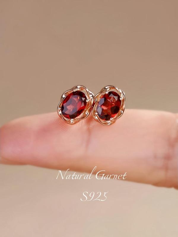 S925 Sterling Silver Natural Garnet Decorated Stud Earrings, Fashionable Earrings for Women & Girls, Trendy All-match & Exquisite Jewelry for Birthday Gift 2