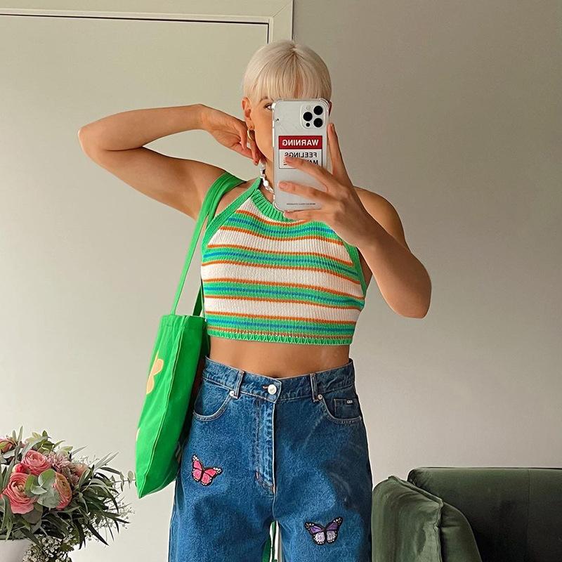 Women Sexy Backless Vest, Stripe Pattern Halter Neck Crop Tops 2