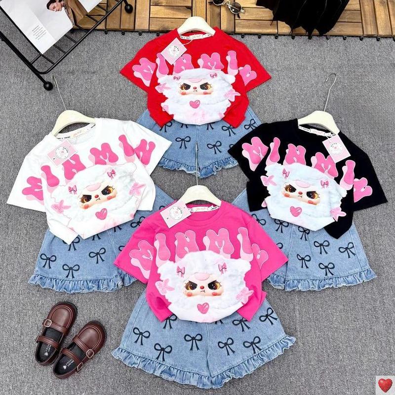 [MinMinKid2] (18-42kg) Set áo thun cotton in hình Baby Three hot trend phối quần SỌC JEAN NƠ cho bé gái