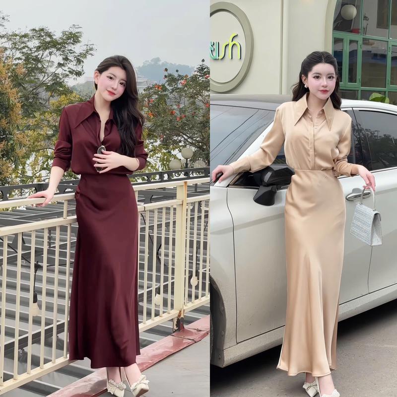 Set lụa Tô Châu X78 (áo + chân váy)  áo sơ mi phối chân váy cá dài 1