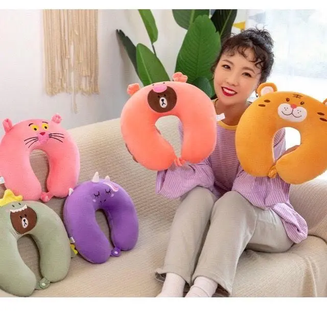U-Shaped Pillow Cartoon Embroidery Travel Neck Pillow Cervical Spine Protective Memory Foam Head Support Pillow Cushion Office Massage Cushion Memory Foam U  Pad Short Plush  Memory Foam Cushion For Office breaks, air travel, train travel,