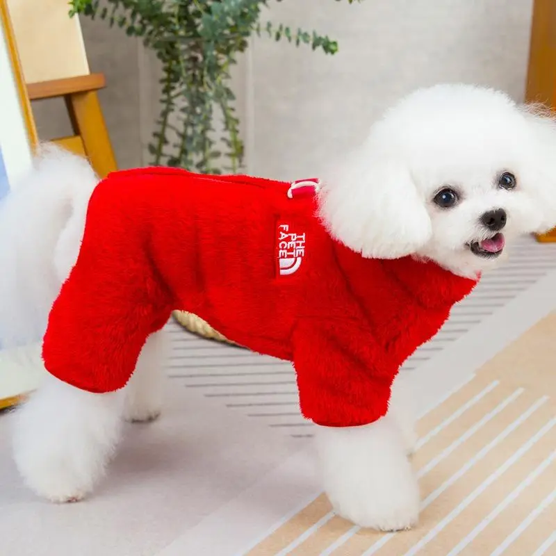 Adorable small dog clothes for spring, featuring a festive red color with a zipper on the back. Made of coral fleece, this onesie-style dog outfit is machine washable and makes a wonderful gift for your friend's dog to kick off the new year