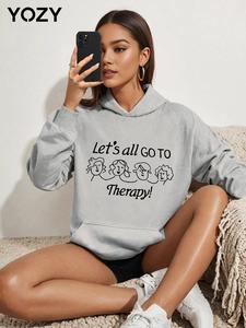 YOZY Women's Cartoon Figure & Letter Print Pocket Hoodie, Fashion Casual Long Sleeve Hooded Sweatshirt for Daily Wear, Women Clothing for Fall & Winter