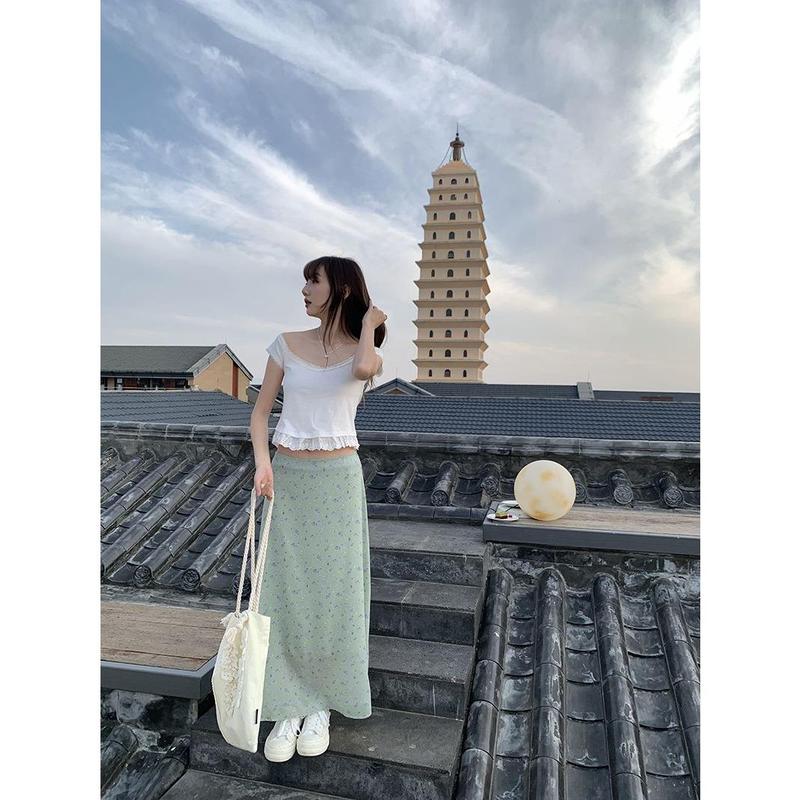 Chân Váy Hoa Dài Trung Bình Cạp Cao Dành Cho Nữ, Dễ Phối Đồ, Chân Váy Voan Lót, Có Cỡ S-2XL Women Khuy 2