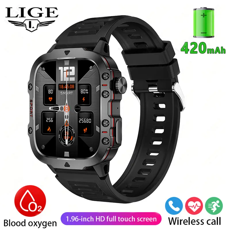 LIGE Jam Tangan Pintar Olahraga Asli Baru 1.96 Inci HD Layar Persegi Panggilan Bluetooth Denyut Jantung Terus Menerus Deteksi Kesehatan Gelang Pintar Tahan Air Smartwatch Hadiah 8