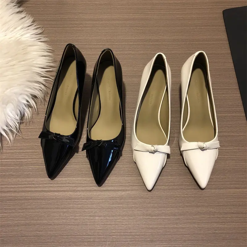 Giày nữ cao gót nhọn 6cm mũi nhọn đính nơ da bóng hàng Quảng Châu cao cấp full box hãng Jinluoxi JL05 Shoes Women