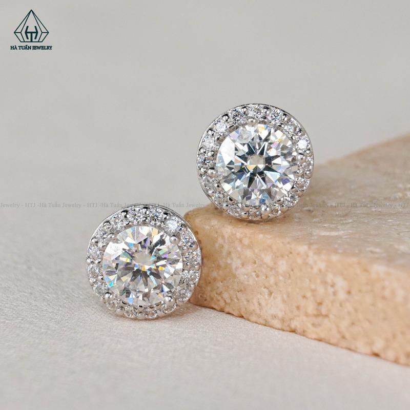 Bông Tai Halo Bạc 925 Xi Kim Đính Đá FULL Moissanite Viên Chủ 5mm Chuôi Vặn EX048 Hà Tuấn Jewelry