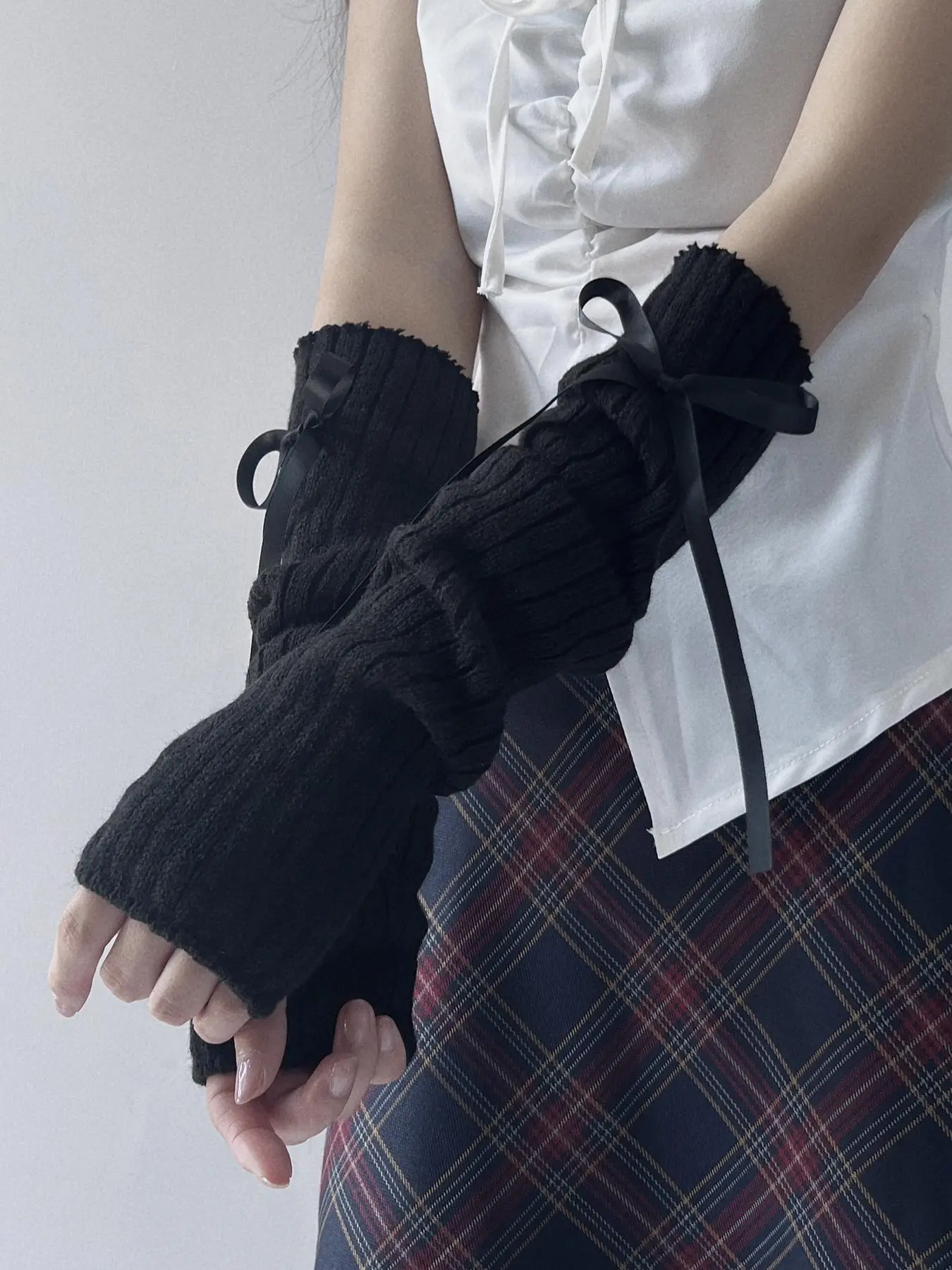 Women's Cute Bowknot & Ruched Design Fingerless Gloves, 1 Pair Trendy Y2k Stylish Gloves, Fashionable Knitted Accessories for Party Decor