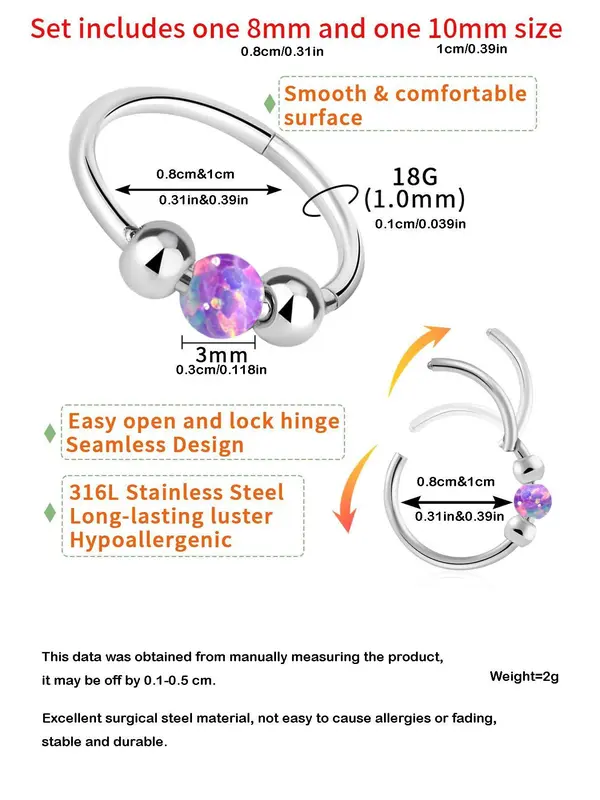 Opal Decor Nose Ring, Stainless Steel Nose Ring, Fashionable Body Jewelry for Women & Girls, Trendy All-match & Exquisite Jewelry for Birthday Gift 1