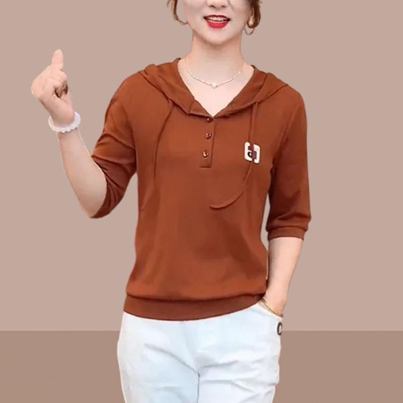 Product Introduction of Áo Thun Dài Tay Có Mũ Trùm Đầu, Mỏng, Trang Phục Đầu Thu Của Mẹ, Phong Cách Đi Chơi Chống Lão Hóa, Áo Thời Trang Phong Cách Phương Tây 6