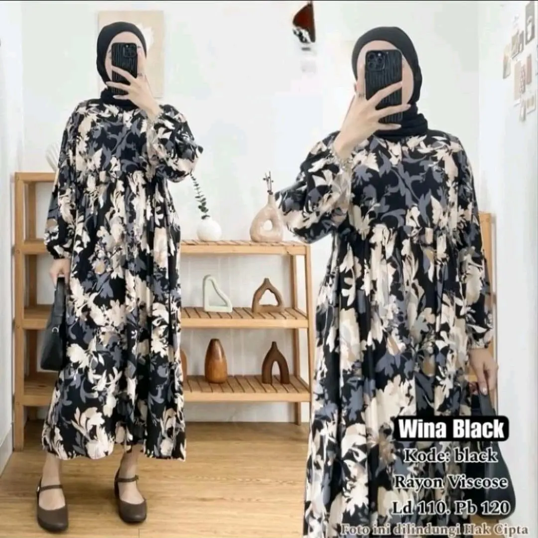 Shabira mdi dress Rayon Viscose Wanita Muslim Midi Gamis Motif Bunga Nyaman dipake