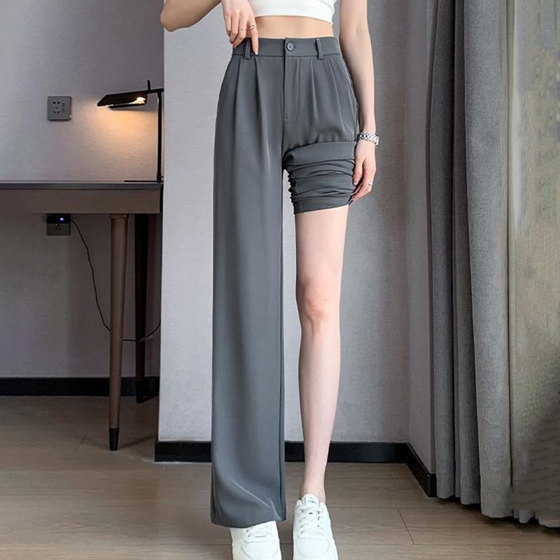Women Suit Pants with Side Pockets High Waist Solid Color Wide Leg Commuter Pants Button Zipper Closure Loose Full Length Pants for Daily Wear Travel 5