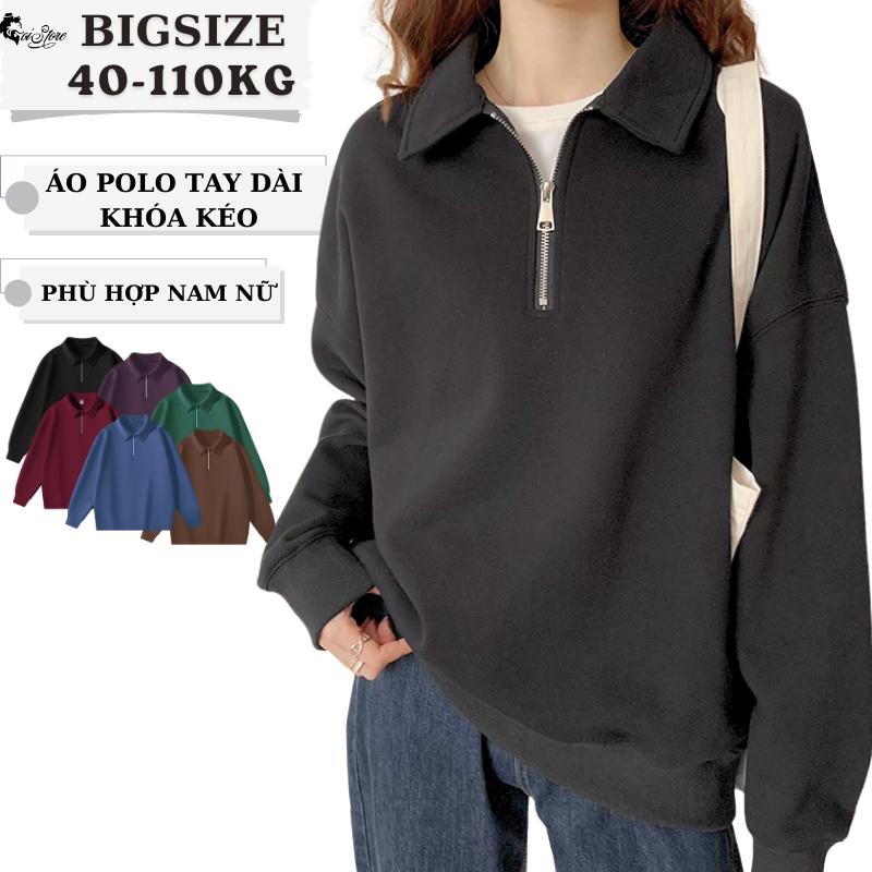 40-110KG Áo Thun Polo Tay Dài Khóa Zip BIGSIZE Nam Nữ Áo Sweater Thu Đông Giữ Ấm Menswear Hoodie Có Cổ Top
