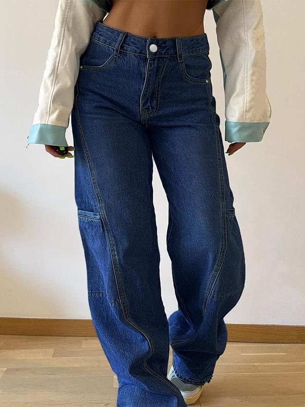 Women's Plain Button Fly Pocket Straight Leg Jeans, Casual Comfy Denim Trousers for Daily Wear, Ladies Bottoms for All Seasons， Jeans for Women 2
